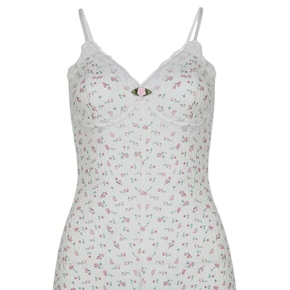 None Other - Lace Trim Floral Ribbed Knit Romper Bodysuit V Neck Adjustable Straps Size
